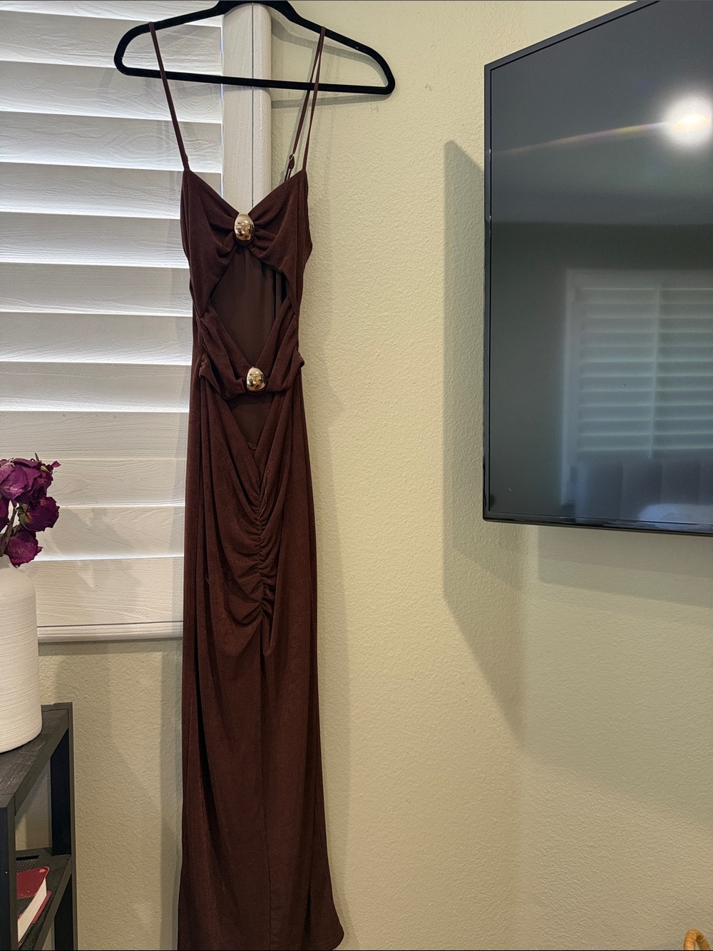 12th Tribe Brown Cutout Maxi Dress with Decorative Accents